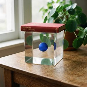 A glass cube on a wooden table. Inside the cube is a smal...