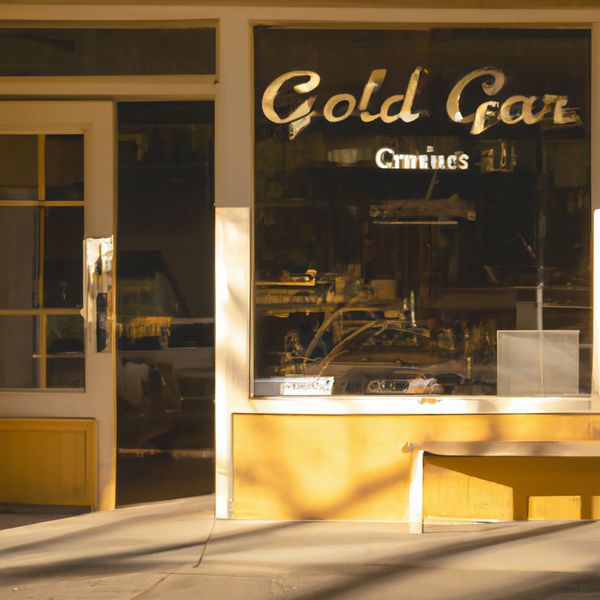 A sunlit, rustic bakery storefront with a large glass window displaying the hand-painted gold lea...