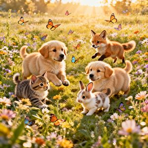 Hyper-photorealistic scene of fluffy baby animals—a golde...