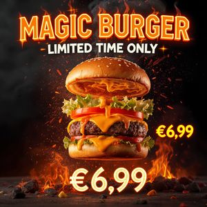 Ad for 'Magic Burger'. Dynamic, exploded burger with all ...