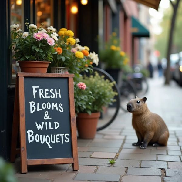 AI image generated by FLUX.1 [dev] — prompt: A cozy street-side flower shop with a slate chalkboard sign out front that reads "FRESH BLOOMS & WILD BOUQUETS" in elegant chalk calligraphy. In the soft-focus background, a calm capybara sits patiently on the sidewalk near a bicycle.