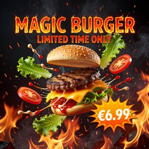 Grok Imagine Image — Magic Burger Explosion: Fiery Photorealism Challenge
