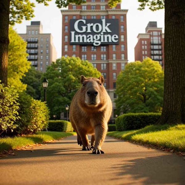 Cinematic wide shot of Central Park, New York, at golden hour. A capybara walks confidently and s...