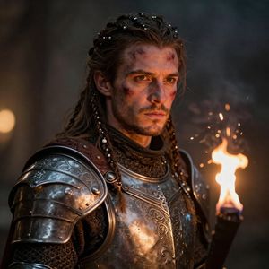 Close portrait of a battle-worn paladin in ornate engrave...