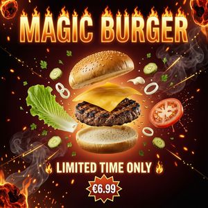 Ad for 'Magic Burger'. Dynamic, exploded burger with all ...