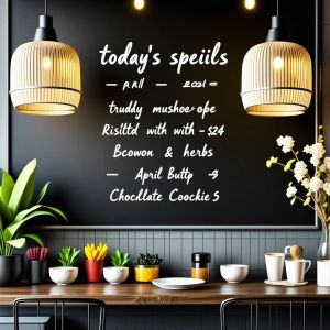Handwritten-style chalkboard menu in a cozy café, all tex...