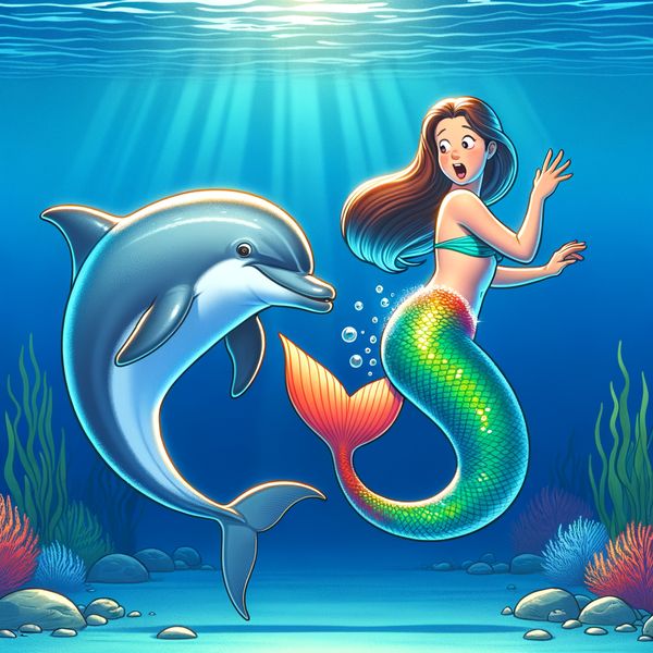 AI image generated by DALL-E 3 — prompt: A dolphin is using its fluke to discipline a mermaid by paddling it across the backside.