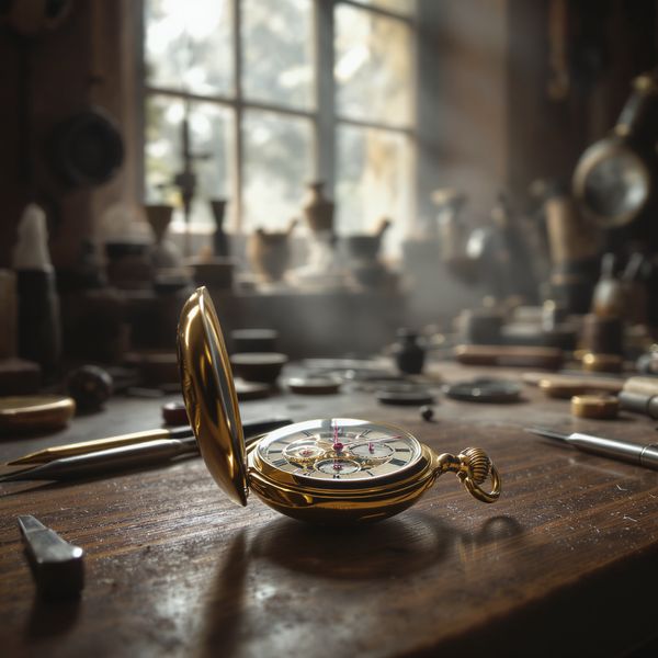 Cinematic wide shot of a master watchmaker's workbench, shallow depth of field, an intricate open...