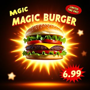 Ad for 'Magic Burger'. Dynamic, exploded burger with all ...