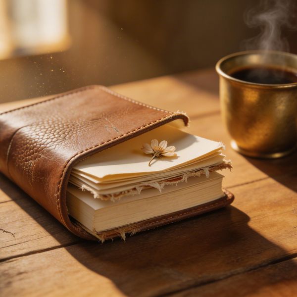 AI image generated by Seedream 5.0 Lite — prompt: A hyper-realistic cinematic close-up of a weathered, vintage leather traveler's journal resting on a rustic wooden table next to a steaming brass cup of coffee. Soft morning sunlight filters through a nearby window, illuminating dust motes in the air and casting long, gentle shadows. The camera captures macro details of the pebbled leather texture, the frayed edges of the cream-colored pages, and a single dried pressed wildflower tucked between the leaves. 4k resolution, shallow depth of field, warm earthy tones, moody atmosphere.