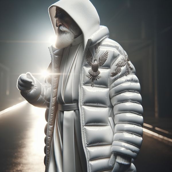 AI image generated by DALL-E 3 — prompt: Pope Francis wearing a white Balenciaga-style puffer jacket, photorealistic street fashion photo, full-body, cinematic lighting, shallow depth of field.