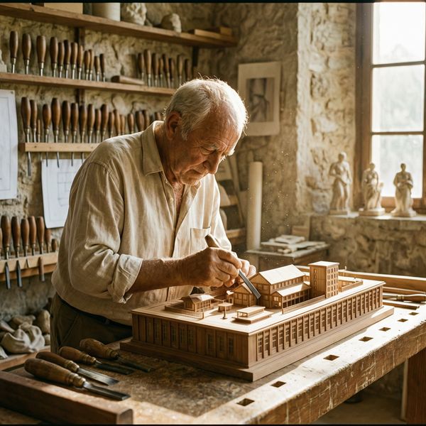 AI image generated by Wan 2.7 Pro — prompt: A medium shot of an elderly artisan in a sun-drenched Mediterranean workshop, meticulously carving an intricate wooden architectural model. Dust particles dance in the warm golden light streaming through a stone window. The background features shelves filled with vintage chisels, blueprints, and unfinished sculptures. Hyper-realistic textures of weathered skin, polished mahogany, and linen clothing, captured with a shallow depth of field on 35mm film.