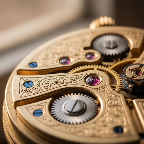 A macro photography shot of an antique mechanical watch movement, intricate brass gears and silve...