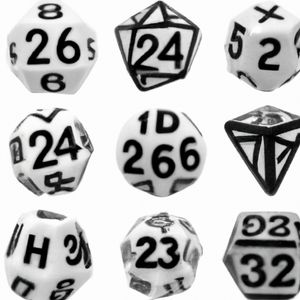 A twenty-sided die (D20) with the first twenty prime numb...