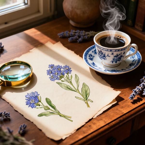 A macro overhead shot of an artisanal wooden desk featuring a collection of vintage botanical ske...
