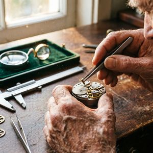 A hyper-realistic close-up of an elderly craftsman's weat...