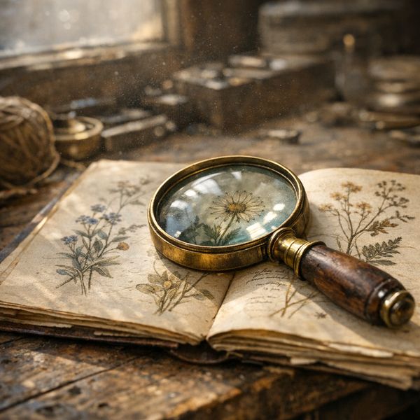 A hyper-realistic close-up of a weathered craftsman's workbench, featuring a handheld vintage mag...