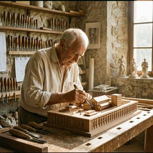 A medium shot of an elderly artisan in a sun-drenched Med...