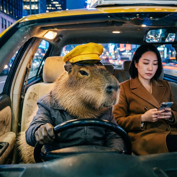 AI image generated by Qwen Image 2.0 Pro, ranked #5 of 24 in the "The Capybara Taxi Driver" arena challenge — prompt: Photorealistic scene inside a yellow New York taxi at night. A capybara is driving, wearing a yellow taxi driver cap and a dark jacket. It has a calm, professional expression and both front paws on the steering wheel. 

In the back seat sits a human businesswoman in a coat, looking at her phone with a completely normal, bored expression (as if this is just another normal ride). Through the windows you can see the streets of Manhattan at night with blurred lights. Realistic taxi interior, photorealistic, detailed fur and fabric, 35mm lens, night lighting with reflections, shallow depth of field.