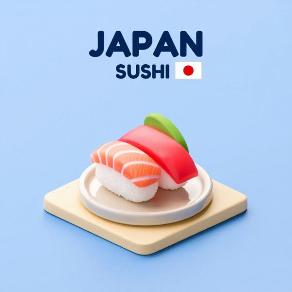 Create a clear, 45° top-down isometric miniature 3D cartoon scene of Japan's signature dish: sush...