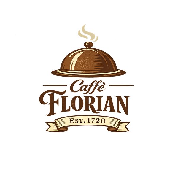 AI image generated by GPT Image 1.5, ranked #1 of 21 in the "Vintage Cafe Logo" arena challenge — prompt: Vintage minimalist restaurant logo for "Caffè Florian", retro cloche dome with steam and "Est. 1720" banner, classic typography, warm brown and cream tones, subtle texture on light background, vector emblem style.