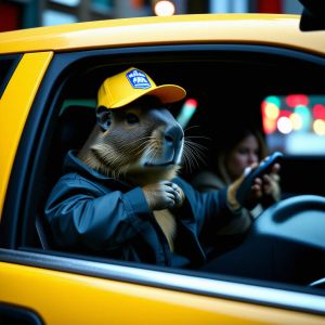 Photorealistic scene inside a yellow New York taxi at nig...