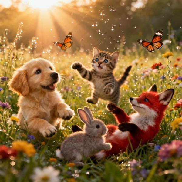 AI image generated by Seedream 4.0, ranked #10 of 23 in the "Adorable Baby Animals in Sunny Meadow" arena challenge — prompt: Hyper-photorealistic scene of fluffy baby animals—a golden retriever puppy, tabby kitten, baby bunny, and red fox kit—with big expressive eyes and ultra-detailed soft fur, playfully chasing butterflies and tumbling together in a lush wildflower meadow, warm golden sunrise light with god rays and dew sparkles, joyful wholesome vibe, 8K masterpiece.