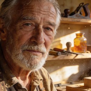 A hyper-realistic close-up portrait of an elderly artisan...