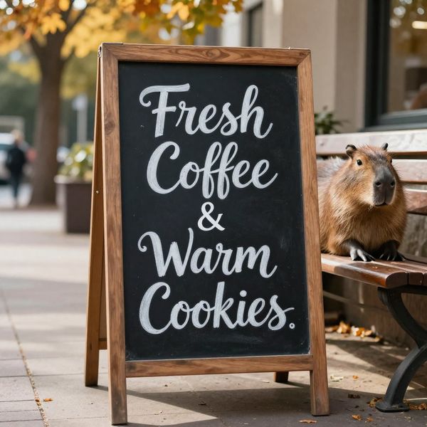 A cozy street-side chalkboard sign with elegant, hand-lettered chalk typography that reads "Fresh...