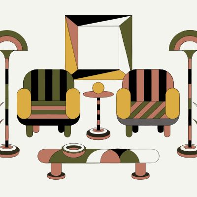 Recraft V4 SVG generated image of Minimalist vector flat design of a mid-century modern living room, clean geom...