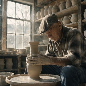 A medium shot of an elderly artisan in a sunlit ceramic s...