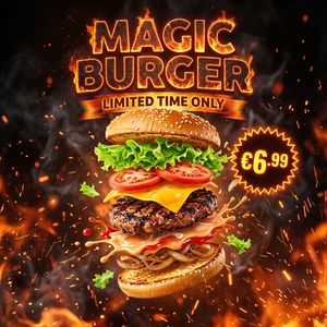 Ad for 'Magic Burger'. Dynamic, exploded burger with all ...