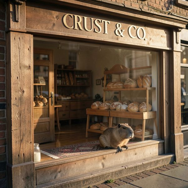 AI image generated by FLUX.2 [klein] 4B — prompt: A rustic wooden storefront of a boutique bakery named "CRUST & CO." in elegant gold serif lettering. Through the large glass window, a small capybara sits quietly on a floor rug near a display of sourdough bread. Low morning sun, cinematic.