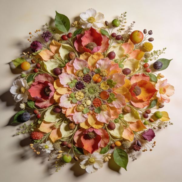 AI image generated by Seedream 4.5, ranked #9 of 15 in the "Intricate Floral Mandala" arena challenge — prompt: Perfectly symmetrical mandala made entirely of real flowers, petals, leaves, fruits, and seeds in vibrant natural colors, intricate layered patterns with radial symmetry, top-down view on a soft neutral background, hyper-detailed organic textures and subtle shadows, photorealistic, 8K masterpiece.