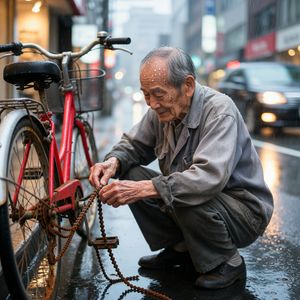 A candid street photo of an elderly Japanese man repairin...