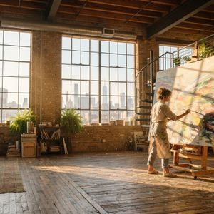 Cinematic 16:9 shot of a sun-drenched, triple-height arti...