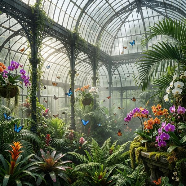 Hyper-photorealistic interior of a lush Victorian glass greenhouse filled with exotic tropical pl...