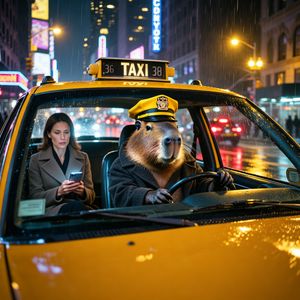 Photorealistic scene inside a yellow New York taxi at nig...