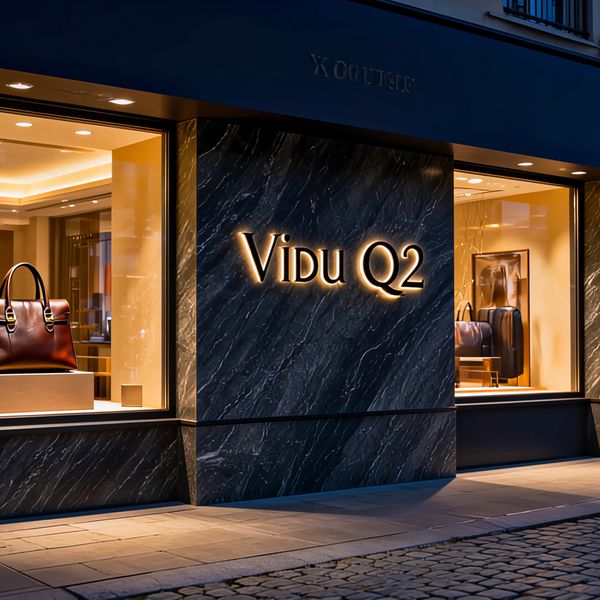A wide, cinematic shot of a high-end, boutique leather goods storefront at dusk. The shop's name,...