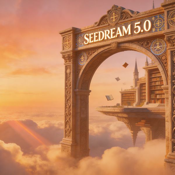 AI image generated by Seedream 5.0 Lite — prompt: A breathtaking, high-fantasy architectural marvel of a floating library suspended above a sea of golden clouds at sunset, the main focal point is a massive, ornate stone archway inscribed with glowing, crystal-clear ancient runes and "SEEDREAM 5.0" perfectly rendered in elegant 3D typography across the lintel, cinematic 16:9 ultra-wide composition, deep atmospheric perspective with the left third of the frame serving as negative space for text overlay, warm amber lighting with dramatic lens flares, flagship quality photorealism; sitting quietly on a stone bench in the soft-focus background, a small capybara wearing tiny brass spectacles gazes out at the horizon.