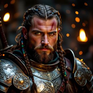 Close portrait of a battle-worn paladin in ornate engrave...