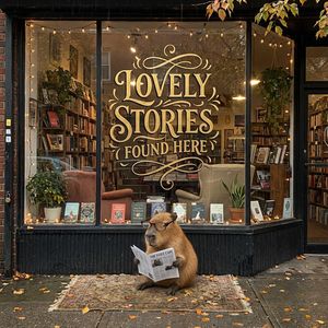 A cozy indie bookstore storefront with a large glass wind...