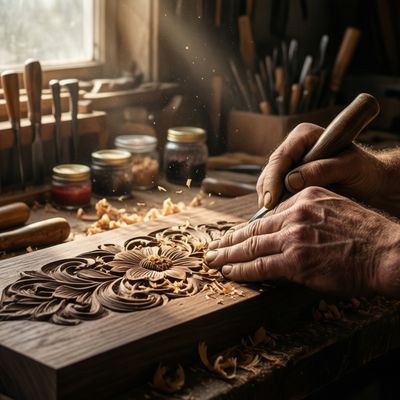 Qwen Image 2512 generated image of Cinematic wide shot of a master carpenter's sun-drenched workshop. In the for...