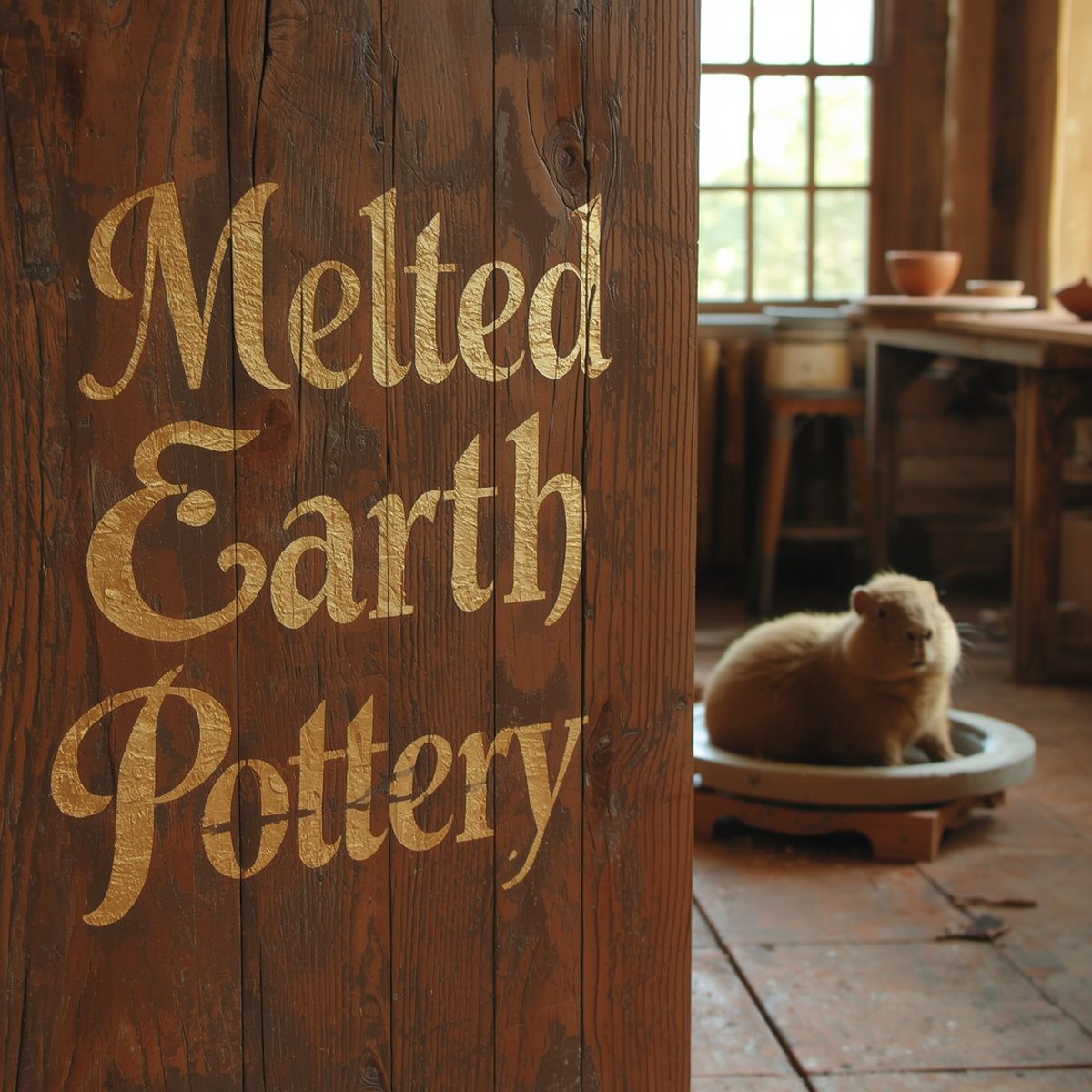 Lucid Origin generated image of A cozy ceramic studio with a hand-painted wooden sign that reads "MELTED EART...