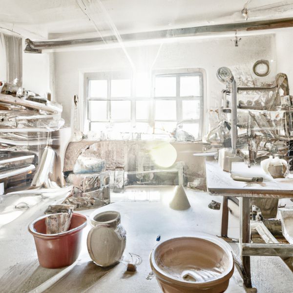AI image generated by DALL-E 2 — prompt: A hyper-realistic, wide-angle interior shot of a sun-drenched minimalist ceramic studio. In the center, a weathered wooden workbench holds several unfinished clay vessels, a bowl of water reflecting the skylight, and fine sculpting tools. Dust motes dance in the heavy afternoon light streaming through large industrial windows. The background features open wooden shelving filled with textured pottery in earthy tones of terracotta, sage, and cream. Soft bokeh, 8k resolution, cinematic lighting, shot on 35mm lens.