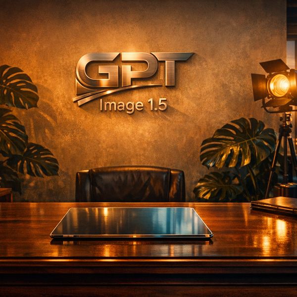 A wide, cinematic shot of a sophisticated high-end creative studio during golden hour. In the cen...