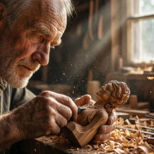 A hyper-realistic close-up portrait of an elderly artisan...