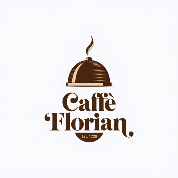 AI image generated by Recraft V4, ranked #9 of 21 in the "Vintage Cafe Logo" arena challenge — prompt: Vintage minimalist restaurant logo for "Caffè Florian", retro cloche dome with steam and "Est. 1720" banner, classic typography, warm brown and cream tones, subtle texture on light background, vector emblem style.