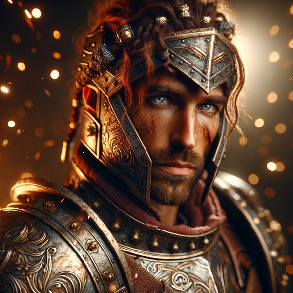 AI image generated by DALL-E 3, ranked #23 of 23 in the "Fantasy Warrior" arena challenge — prompt: Close portrait of a battle-worn paladin in ornate engraved plate armor, hair braided with small beads, faint scars and dirt on the skin, warm torchlight reflecting off metal, shallow depth of field, bokeh sparks, lifelike eyes, highly detailed texture on leather straps and cloth underlayer.