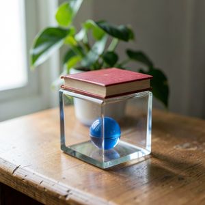 A glass cube on a wooden table. Inside the cube is a smal...